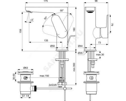 Смеситель для умывальника ручка сбоку одноручный CERAFINE O Ideal Standard BC703XG