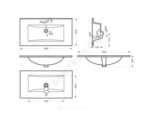 Умывальник мебельный Quadro 90 1 отверстие под смеситель по центру белый Sanita Luxe QDR90SLWB01