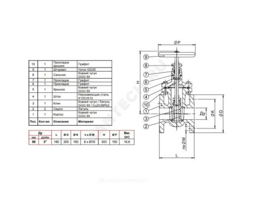 Задвижка чугун V4246 Ду 80 Ру16 Тмакс=150C фл Tecofi V4246-0080