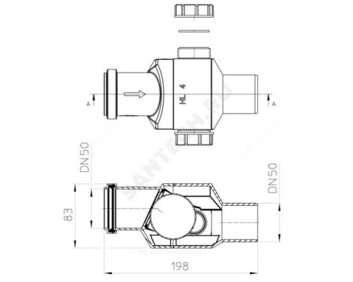 Клапан PP-H обратный канализационный серый Дн 50 б/нап в/к HL 4