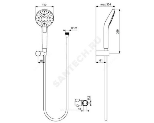 Гарнитур душевой держатель+шланг+лейка 3 режима струи IDEALRAIN EVO ROUND L3 Ideal Standard B2239AA