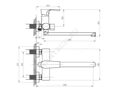 Смеситель для ванны с душем одноручный ЭЛИТ ПСМ 100-2 Профсан PSM-100-2-ST