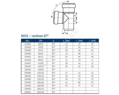 Тройник PP-MD бесшумный светло-серый Skolan dB SKEA Дн 90х90х87гр (DN80) б/нап в/к Ostendorf 334400