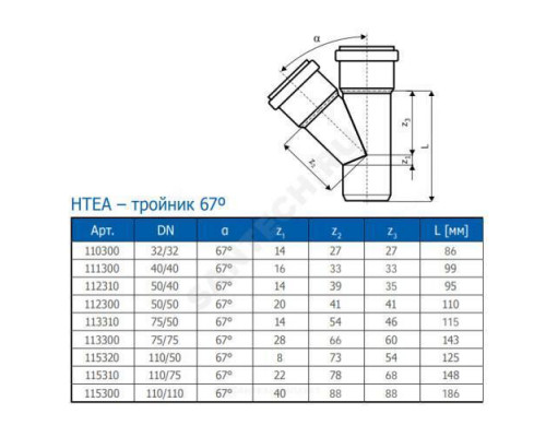 Тройник PP-H переходной серая HT HTEA Дн 110х75х67гр б/нап в/к Ostendorf 115310