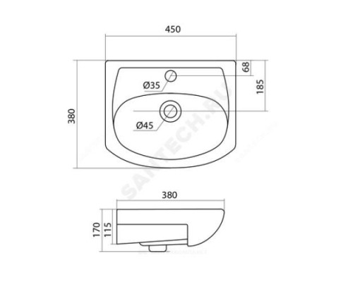Умывальник мебельный Азов 45 1 отверстие под смеситель по центру Santek 1.WH11.2.449