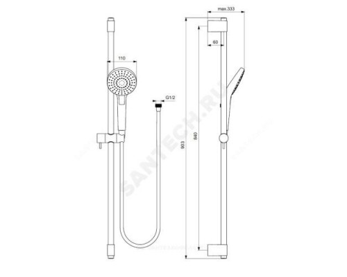 Гарнитур душевой держатель+шланг+лейка 3 режима струи IDEALRAIN EVO ROUND L3 Ideal Standard B2237AA