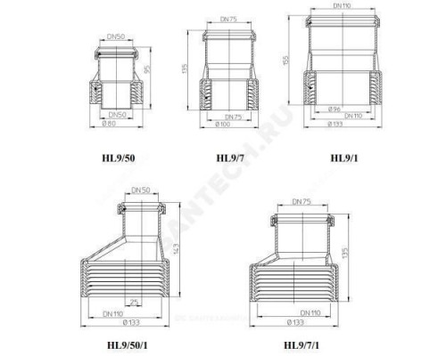 Переход PP-H Дн 75х100 б/нап ПП,НПВХ-чугун(сталь) HL 9/7/1