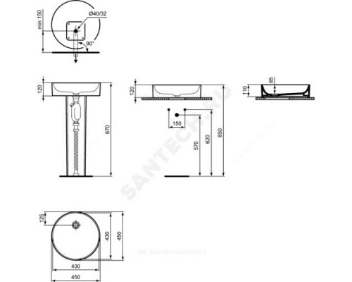 Умывальник мебельный CONCA 45 без отверстия под смеситель Ideal Standard T3696V1