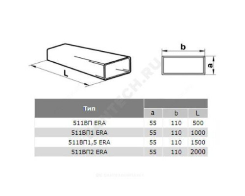 Воздуховод прямоугольный 55х110 L=500мм ПВХ Эра 511ВП