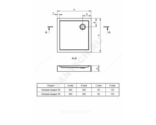 Поддон душевой акриловый квадрат Палермо 900х900х135 белый Santek 1.WH30.2.476