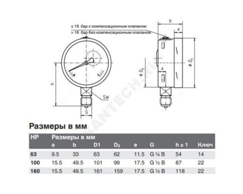 Манометр 232.50.100 радиальный Дк100мм 0-10 бар кл.1,0 G1/2