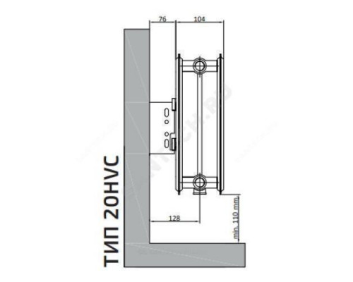 Радиатор стальной панельный Hygiene Ventil Compact HVC тип 20 300х1400 Qну=1338 Вт ниж/п прав в комплекте кронштейн. встроенный вентиль, гигиенический RAL 9016 (белый) Heaton Plus