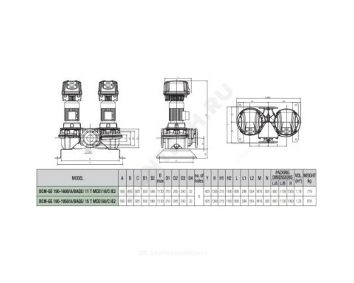 Насос ин-лайн с сухим ротором DCM-GE 150-1600/A/BAQE/11 T PN16 сдвоенный 3х400В/50 Гц DAB 60167303