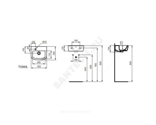 Умывальник подвесной TEMPO 35 1 отверстие под смеситель слева белый Ideal Standard T056801