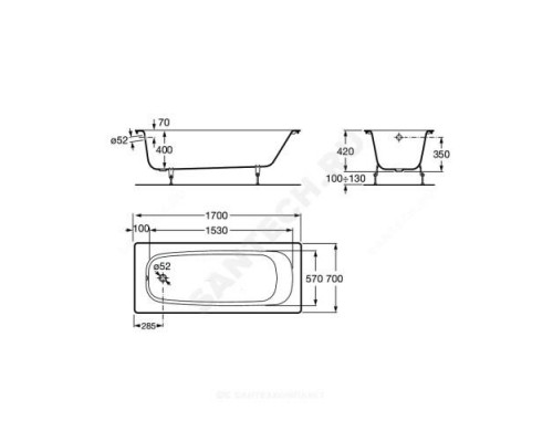 Ванна чугунная Continental 170х70см без ножек Roca 21290100R