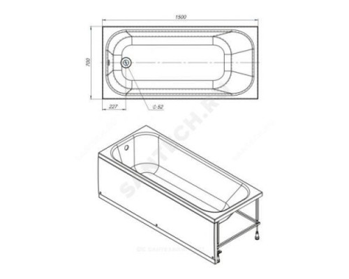 Ванна акриловая Optima new 150х70см без ножек Мирсант УТ000029497 .