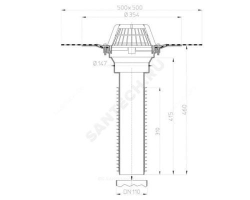 Воронка кровельная HL69H с вертикальным выпуском PP Дн 110 с листвоуловителем,гидроизоляционным полимербитумным полотном 500мм HL HL69H/1