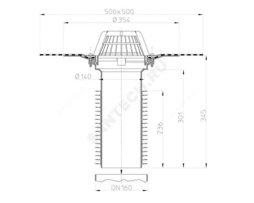 Воронка кровельная HL69H с вертикальным выпуском PP Дн 160 с листвоуловителем,гидроизоляционным полимербитумным полотном 500мм HL HL69H/5