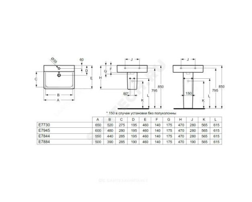 Умывальник подвесной Connect CUBE 55 1 отверстие под смеситель по центру Ideal Standard E784401