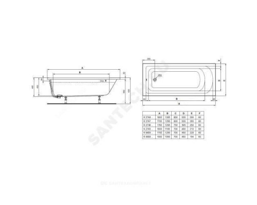 Ванна акриловая HOTLINE 170х75см без ножек Ideal Standard K274601