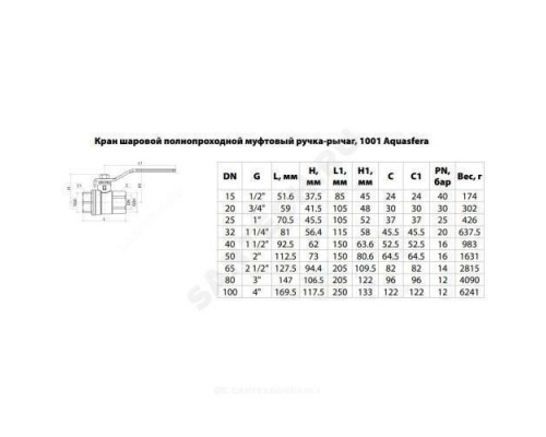 Кран шаровой латунь никель 1001 Euro Ду 25 Ру25 ВР полнопроходной рычаг Aquasfera 1001-03