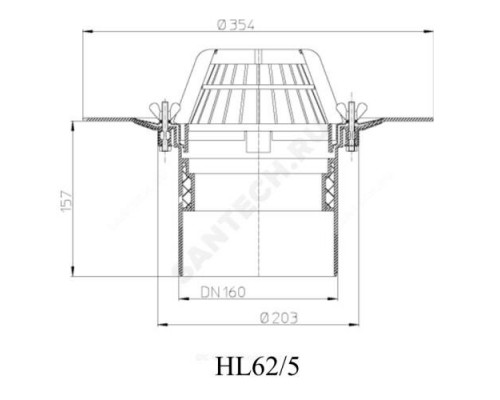 Воронка кровельная HL62 с вертикальным выпуском PP Дн 160 с листвоуловителем, теплоизоляцией, обжимным фланцем HL HL62/5