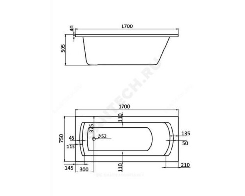 Ванна акриловая Монако XL 170х75см без ножек Santek 1.WH11.1.980