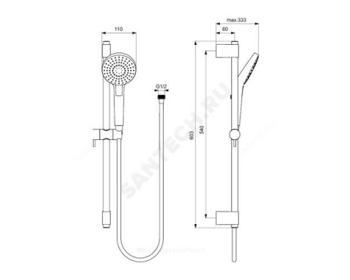 Гарнитур душевой штанга 600мм+шланг+лейка 3 режима струи IDEALRAIN EVO ROUND L3 Ideal Standard B2233AA .