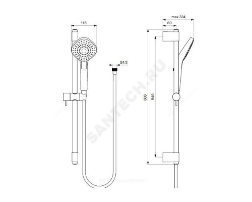 Гарнитур душевой штанга 600мм+шланг+лейка 3 режима струи IDEALRAIN EVO DIAMOND L3 Ideal Standard B2234AA .