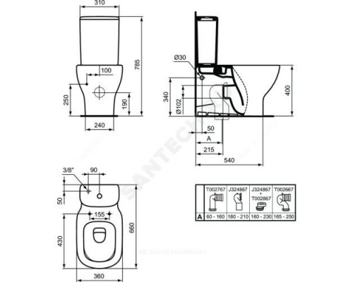 Унитаз без бачка горизонт/выпуск без сиденья TESI Ideal Standard T008201