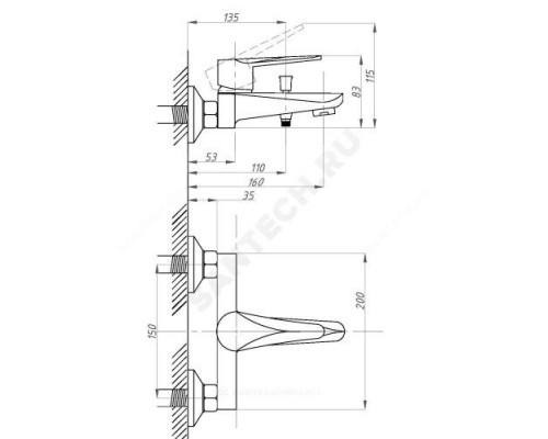 Смеситель для ванны с душем одноручный STEEL GOLD ПСМ 303-1 Профсан PSM-303-1