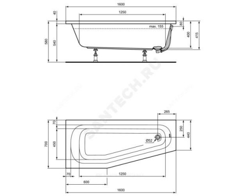 Ванна акриловая HOTLINE SpaceSaver 160х70см без ножек правосторонняя Ideal Standard K276301