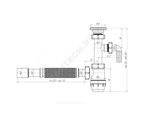 Сифон для умывальника бутылочный 1 1/4*32 с гофрой 32х32/40 с отводом (штуцером) с нержавеющей решёткой D=65мм АНИ Юнг АНИ Пласт BM1315