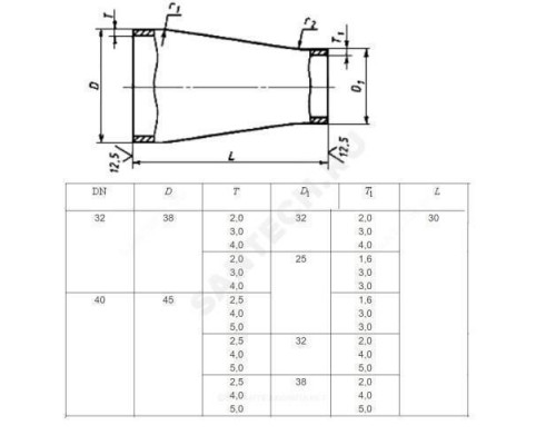 Переход сталь концентрический Дн 38х2,0-32х2,0 (Ду 32х25) бесшовный ГОСТ 17378-2001 РБ