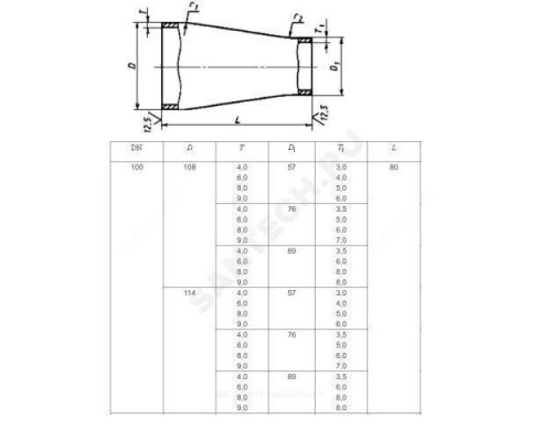 Переход сталь концентрический Дн 108х4,0-89х3,5 (Ду 100х80) бесшовный ГОСТ 17378-2001 РБ