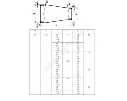 Переход сталь концентрический Дн 273х7,0-133х4,0 (Ду 250х125) бесшовный ГОСТ 17378-2001