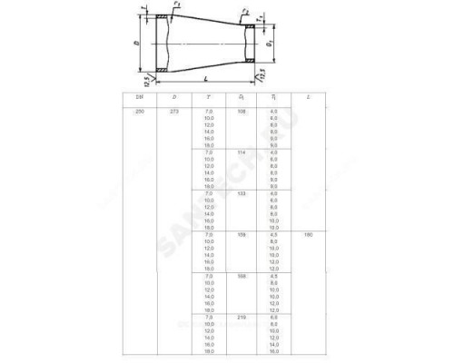 Переход сталь концентрический Дн 57х5,0-32х3,0 (Ду 50х25) бесшовный ГОСТ 17378-2001