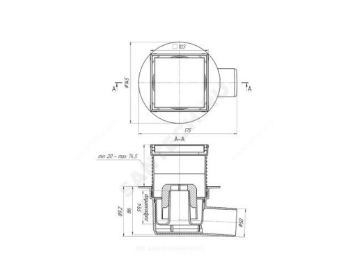 Трап регулируемый Дн 50 с нержавеющей решёткой 100х100мм горизонтальный выпуск АНИ Пласт TA5802