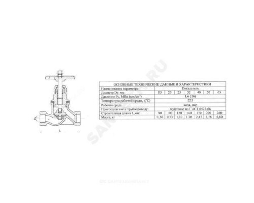 Клапан запорный чугун 15кч18п Ду 32 Ру16 Тмакс=225 оС ВР с маховиком Китай