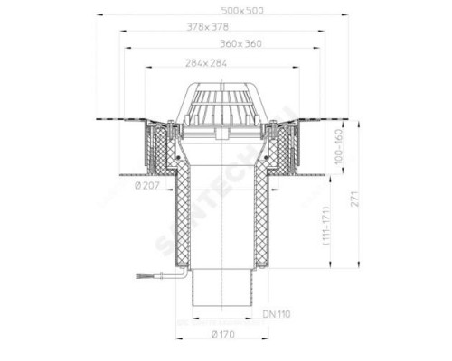 Воронка кровельная HL63.1H с вертикальным выпуском PP Дн 110 с листвоуловителем, электрообогревом, теплоизоляцией, гидроизоляционным полимербитумным полотном 500х500мм HL HL63.1H/1