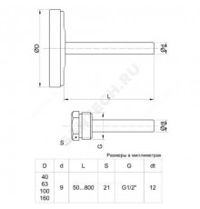 Термометр биметаллический осевой Дк100 L=100мм G1/2