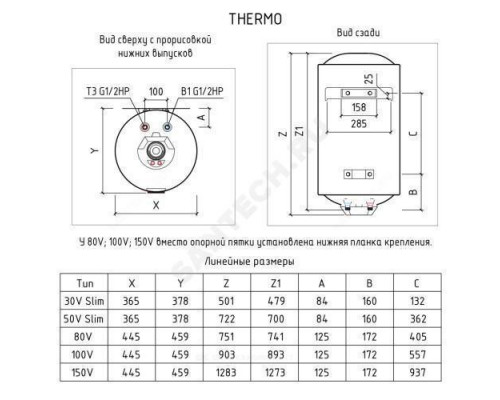 Водонагреватель электрический накопительный 100 л 2,5 кВт Thermo 100 V THERMEX ЭдЭ001783