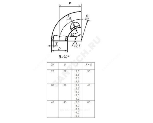 Отвод сталь бесшовный крутоизогнутый 90гр Дн 38х4,0 (Ду 32) под приварку ГОСТ 17375-2001