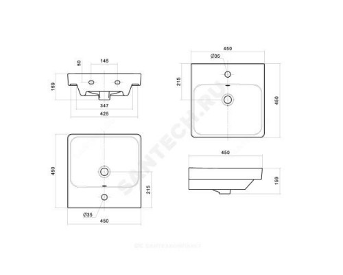 Умывальник мебельный Адриана 45 1 отверстие под смеситель по центру Santek 1.WH50.1.630