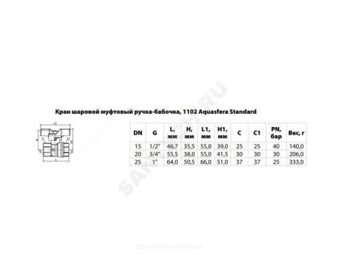 Кран шаровой латунь никель 1102 Standard Ду 15 Ру40 ВР полнопроходной бабочка Aquasfera 1102-01