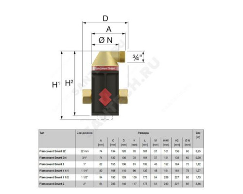 Сепаратор пластик Flamcovent Smart Ду 32 Ру10 G1 1/4