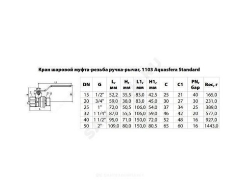 Кран шаровой латунь никель 1103 Standard Ду 50 Ру16 ВР/НР полнопроходной рычаг Aquasfera 1103-06