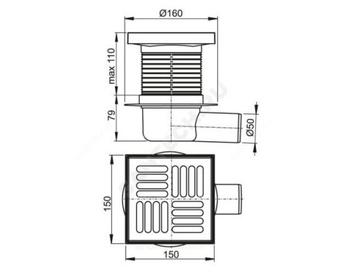 Трап регулируемый с гидрозатвором Дн 50 с нержавеющей решёткой 150х150мм горизонтальный выпуск Alca Plast APV5411