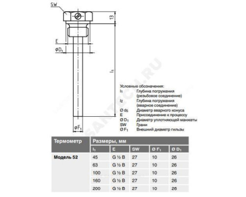 Гильза сталь нерж SWT52G для термометра Дн 10 Ру25 бар G1/2