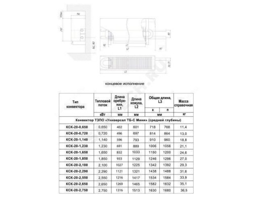 Конвектор настенный концевой Универсал ТБ-С Мини КСК 20 (средней глубины) 2.75кВт бок/п под приварку ТЗПО